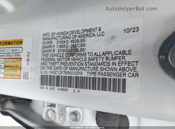 1HGCY2F76RA010319 2024 HONDA ACCORD White Widok komory silnika