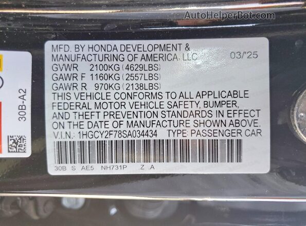 1HGCY2F78SA034434 2025 HONDA ACCORD Black Widok naklejki z numerem VIN