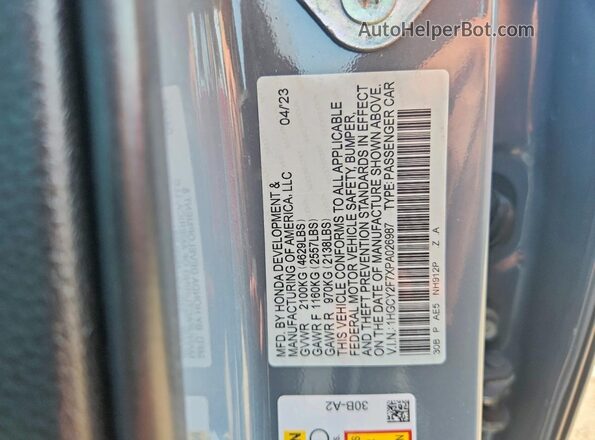 1HGCY2F7XPA026987 2023 HONDA ACCORD Gray VIN კოდის სტიკერის ხედი