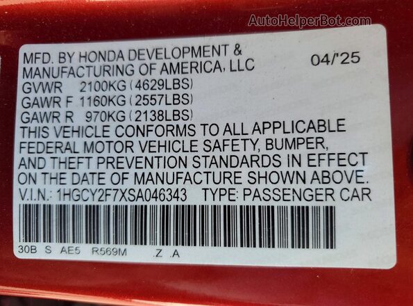 1HGCY2F7XSA046343 2025 HONDA ACCORD Красный Вид наклейки с VIN-кодом