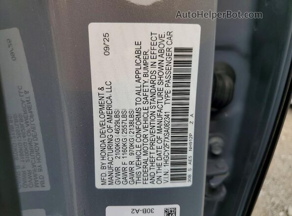1HGCY2F7XSA082341 2025 HONDA ACCORD Gray Vista de la etiqueta del VIN