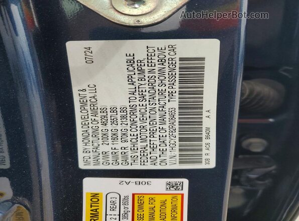 1HGCY2F82RA084653 2024 HONDA ACCORD Blue VIN კოდის სტიკერის ხედი