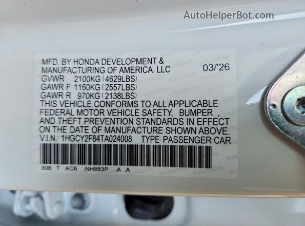 1HGCY2F84TA024008 2026 HONDA ACCORD White Widok naklejki z numerem VIN