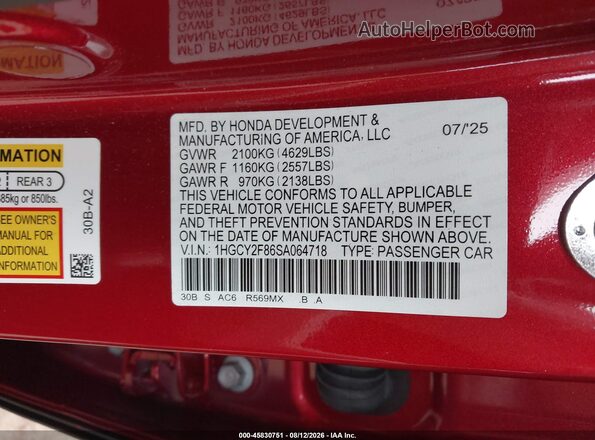 1HGCY2F86SA064718 2025 HONDA ACCORD Красный Вид подкапотного пространства