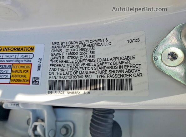 1HGCY2F88RA015692 2024 HONDA ACCORD White Շարժիչի բաժամունքի տեսք