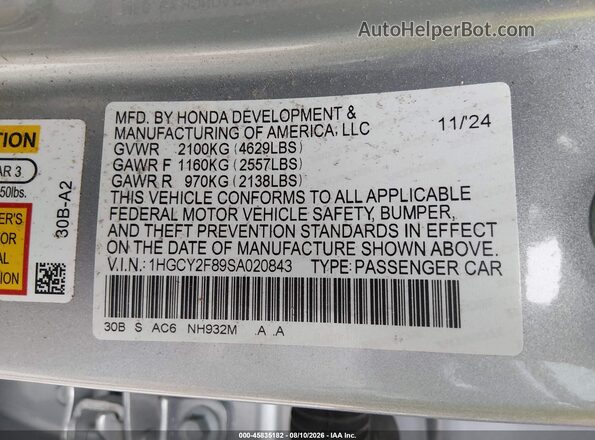 1HGCY2F89SA020843 2025 HONDA ACCORD Silver Vista del compartimento del motor