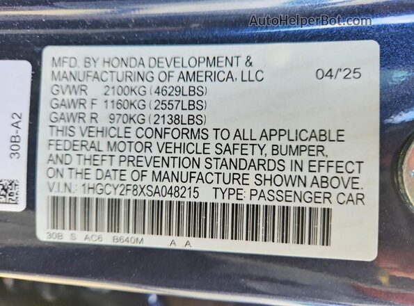 1HGCY2F8XSA048215 2025 HONDA ACCORD Blue VIN կոդի պիտակի տեսք