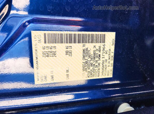 1N4AA6AP0GC375966 2016 NISSAN MAXIMA Blue Շարժիչի բաժամունքի տեսք