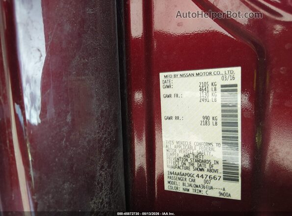 1N4AA6AP0GC447667 2016 NISSAN MAXIMA Burgundy ძრავის განყოფილების ხედი