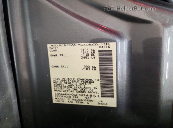 1N4AA6AP0GC904851 2016 NISSAN MAXIMA Gray Вид підкапотного простору