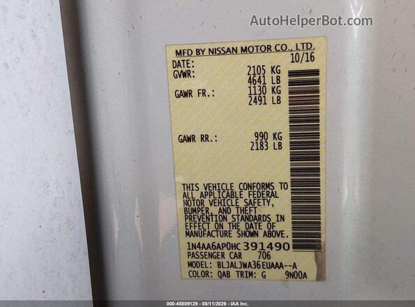 1N4AA6AP0HC391490 2017 NISSAN MAXIMA White Vista del compartimento del motor