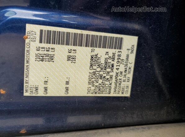 1N4AA6AP0HC419983 2017 NISSAN MAXIMA Blue VIN კოდის სტიკერის ხედი