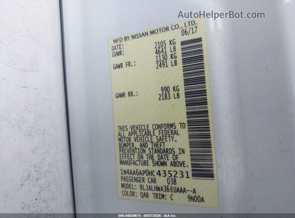 1N4AA6AP0HC435231 2017 NISSAN MAXIMA White Вид підкапотного простору