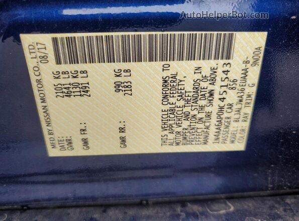 1N4AA6AP0HC451543 2017 NISSAN MAXIMA Blue Շարժիչի բաժամունքի տեսք