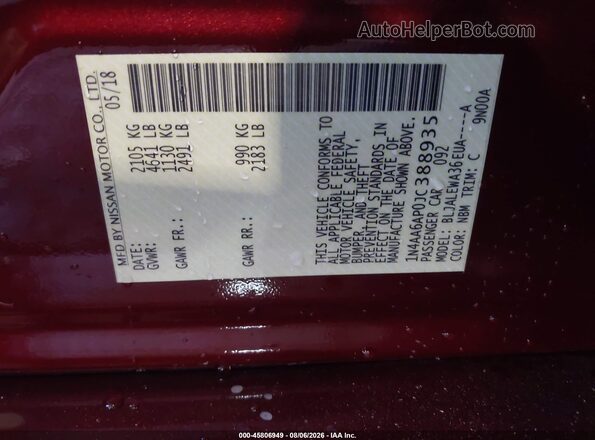 1N4AA6AP0JC388935 2018 NISSAN MAXIMA Burgundy Շարժիչի բաժամունքի տեսք