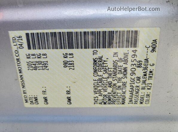 1N4AA6AP1GC903594 2016 NISSAN MAXIMA Silver VIN კოდის სტიკერის ხედი