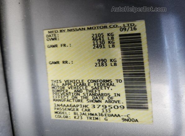 1N4AA6AP1HC379509 2017 NISSAN MAXIMA Silver Widok komory silnika