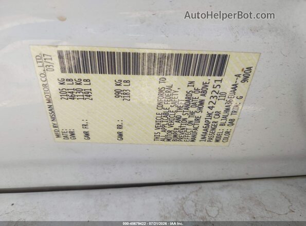 1N4AA6AP1HC423251 2017 NISSAN MAXIMA Белый Вид подкапотного пространства