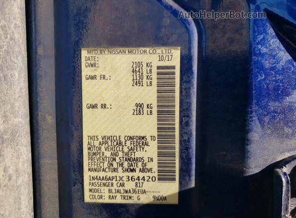 1N4AA6AP1JC364420 2018 NISSAN MAXIMA Blue Engine compartment view