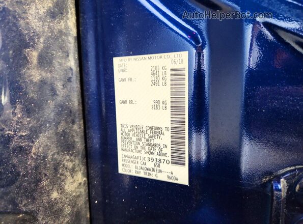 1N4AA6AP1JC393870 2018 NISSAN MAXIMA Blue Вид наклейки з VIN-кодом