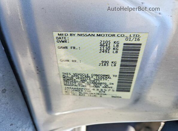1N4AA6AP2GC433575 2016 NISSAN MAXIMA Silver Vista del compartimento del motor