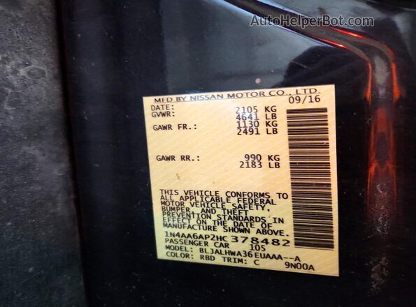1N4AA6AP2HC378482 2017 NISSAN MAXIMA Charcoal Vista de la etiqueta del VIN