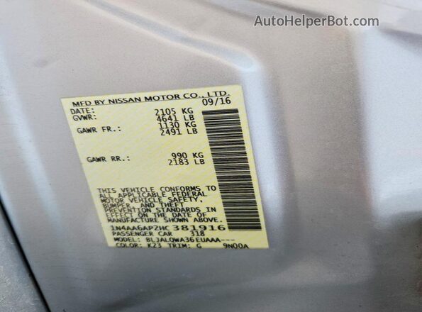 1N4AA6AP2HC381916 2017 NISSAN MAXIMA Silver VIN sticker view