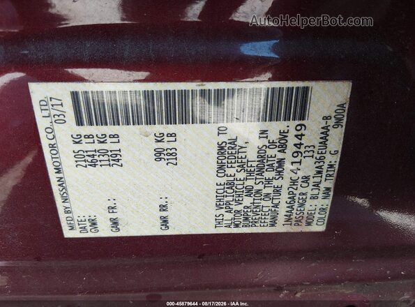 1N4AA6AP2HC419449 2017 NISSAN MAXIMA Burgundy Widok komory silnika