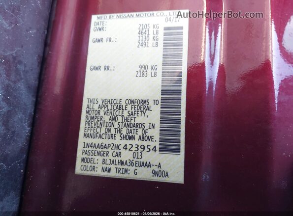 1N4AA6AP2HC423954 2017 NISSAN MAXIMA Maroon Widok komory silnika