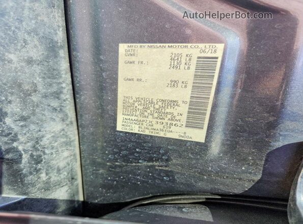 1N4AA6AP2JC393862 2018 NISSAN MAXIMA Gray Вид наклейки з VIN-кодом