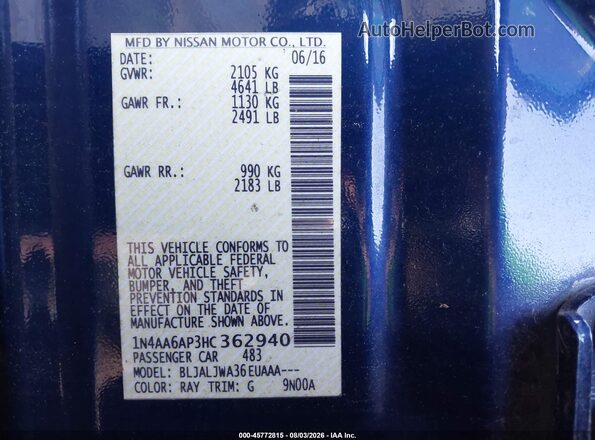 1N4AA6AP3HC362940 2017 NISSAN MAXIMA Blue Widok komory silnika