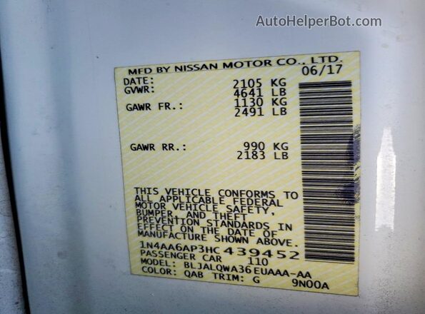 1N4AA6AP3HC439452 2017 NISSAN MAXIMA White Engine compartment view