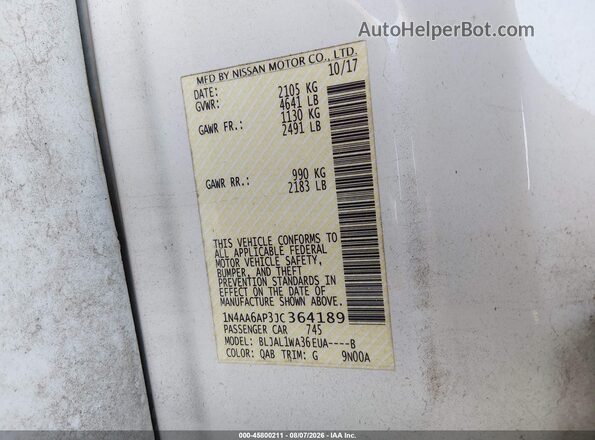 1N4AA6AP3JC364189 2018 NISSAN MAXIMA White Շարժիչի բաժամունքի տեսք