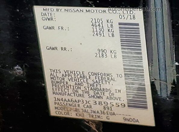 1N4AA6AP3JC389559 2018 NISSAN MAXIMA Black VIN կոդի պիտակի տեսք