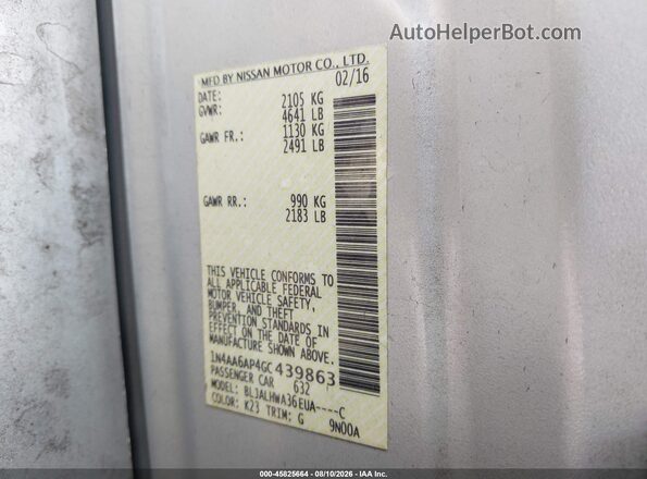 1N4AA6AP4GC439863 2016 NISSAN MAXIMA Серебряный Вид подкапотного пространства