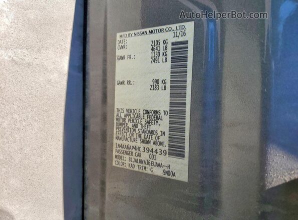 1N4AA6AP4HC394439 2017 NISSAN MAXIMA Gray VIN sticker view