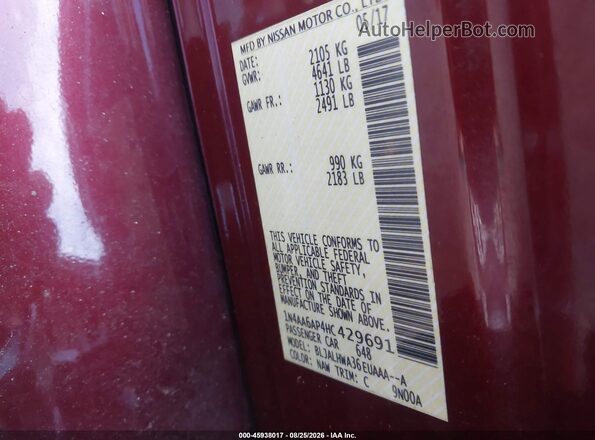 1N4AA6AP4HC429691 2017 NISSAN MAXIMA Burgundy Вид підкапотного простору