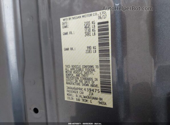 1N4AA6AP4HC439475 2017 NISSAN MAXIMA Gray Շարժիչի բաժամունքի տեսք