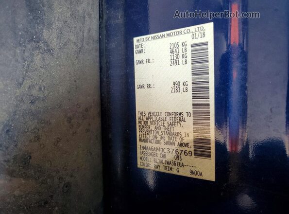 1N4AA6AP4JC376769 2018 NISSAN MAXIMA Blue VIN կոդի պիտակի տեսք