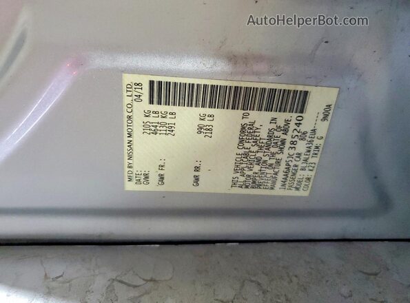 1N4AA6AP5JC385240 2018 NISSAN MAXIMA Серебряный Вид наклейки с VIN-кодом