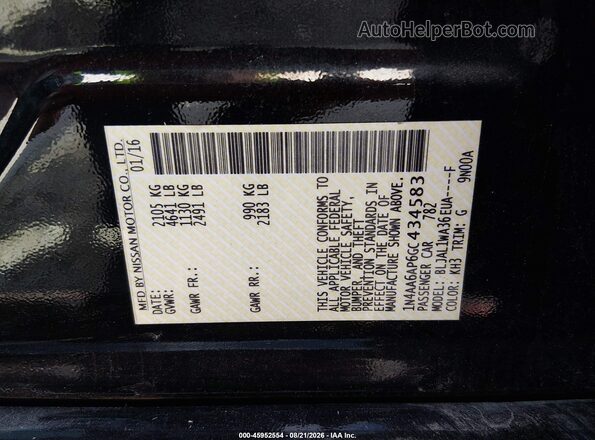 1N4AA6AP6GC434583 2016 NISSAN MAXIMA Black Вид підкапотного простору