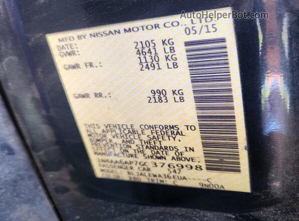 1N4AA6AP7GC376998 2016 NISSAN MAXIMA Gray VIN კოდის სტიკერის ხედი