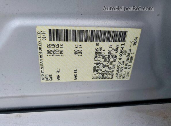 1N4AA6AP7GC430641 2016 NISSAN MAXIMA Silver Vista de la etiqueta del VIN
