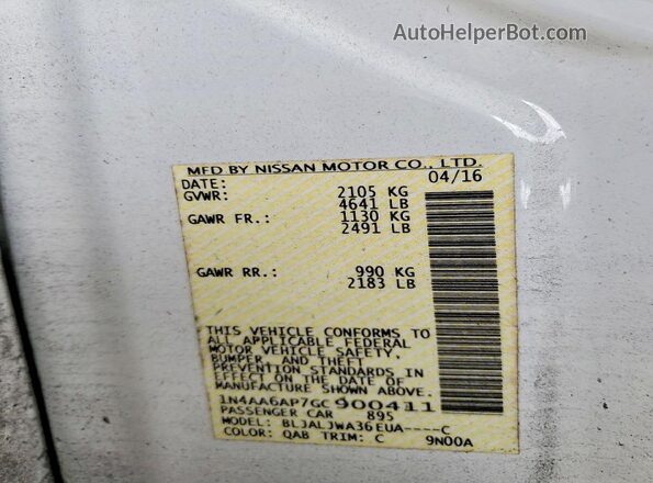 1N4AA6AP7GC900411 2016 NISSAN MAXIMA White Вид наклейки з VIN-кодом