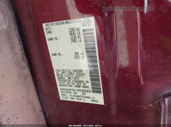 1N4AA6AP7HC409080 2017 NISSAN MAXIMA Maroon Շարժիչի բաժամունքի տեսք