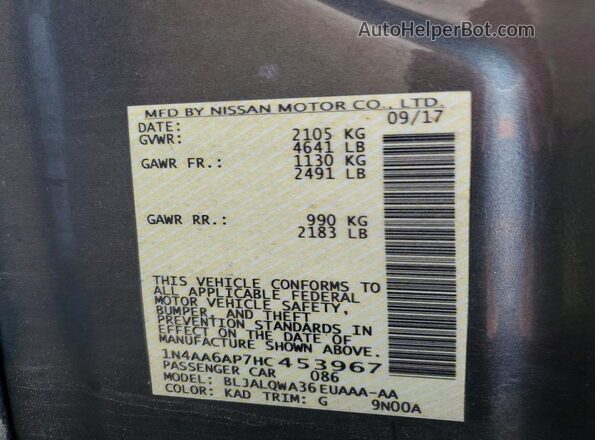 1N4AA6AP7HC453967 2017 NISSAN MAXIMA Gray Vista de la etiqueta del VIN
