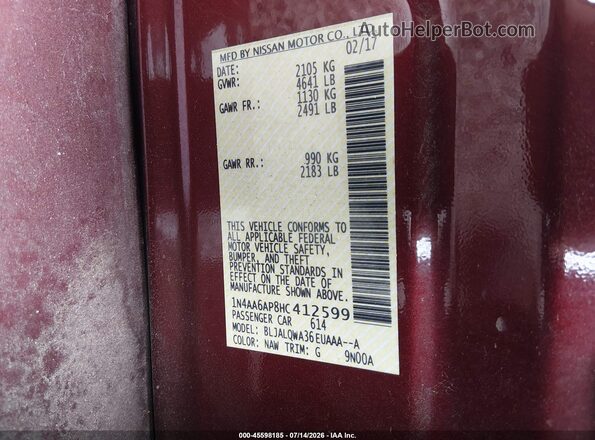 1N4AA6AP8HC412599 2017 NISSAN MAXIMA Maroon Widok komory silnika
