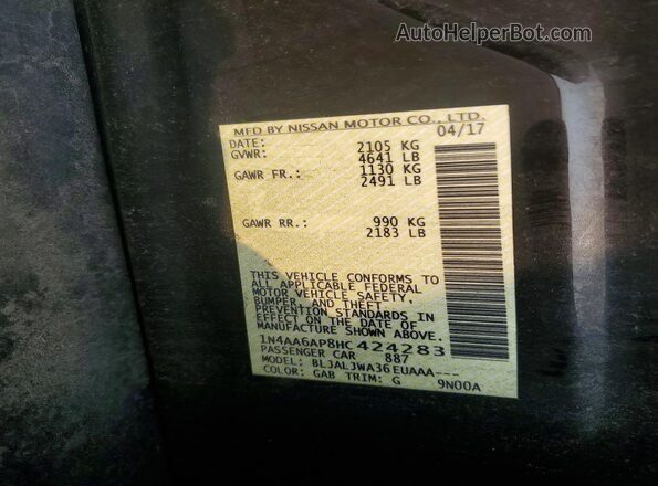1N4AA6AP8HC424283 2017 NISSAN MAXIMA Black Widok komory silnika