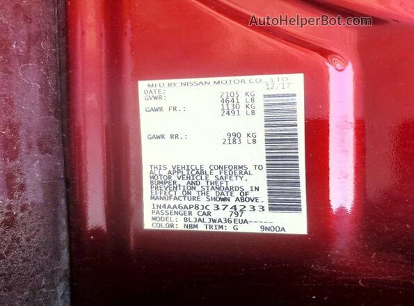 1N4AA6AP8JC374233 2018 NISSAN MAXIMA Red Widok naklejki z numerem VIN