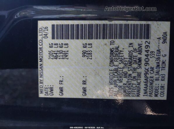 1N4AA6AP9GC904492 2016 NISSAN MAXIMA Black Вид підкапотного простору
